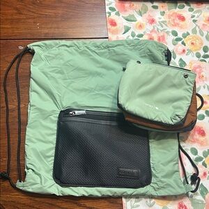 Caraa Green and Black Drawstring Backpack with set of 3 snap Pouches